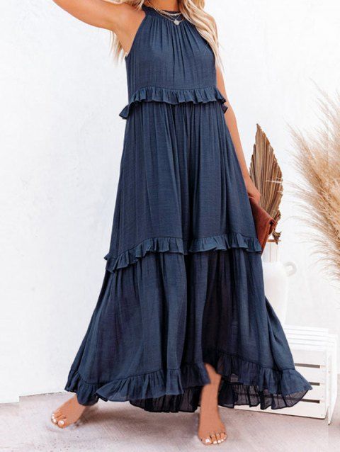Casual Dress Solid Color Dress Shirred Ruffle High Waisted Tiered Trapeze Maxi Halter Tent Dress