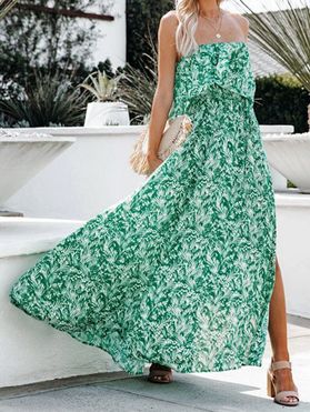 Tropical Dress Vacation Dress Off the Shoulder Allover Leaf Print Flounce Slit A Line Maxi Dress