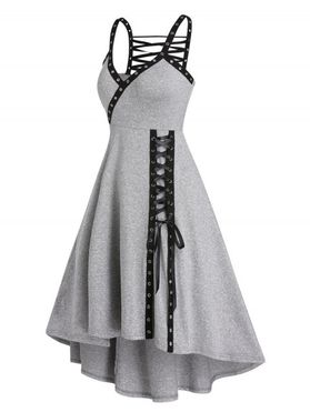 Eyelet Lace Up Gothic Dress Surplice Plunging Neckline High Low Dress Punk Sleeveless Midi A Line Dress