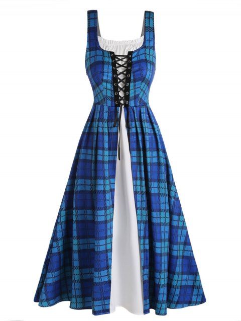 Vintage Dress Plaid Print Dress Lace Up Ruffle Sleeveless High Waisted A Line Maxi Casual Dress