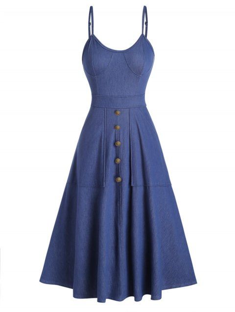 Casual Sundress Solid Color Mock Button Pockets High Waisted A Line Midi Knitted Denim Dress