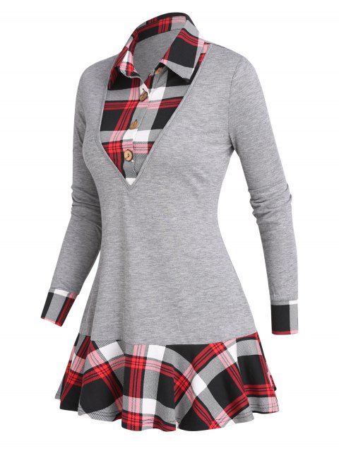 Casual Faux Twinset T Shirt Plaid Print Button Skirted Turn Down Collar Long Sleeve Tee