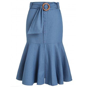 Plus Size Skirt Chambray Skirt Mock Button Solid Color Belted Flounce A Line Midi Skirt, DRESSLILY  - buy with discount