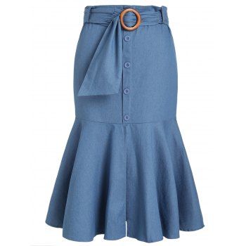 

Plus Size Skirt Chambray Skirt Mock Button Solid Color Belted Flounce A Line Midi Skirt, Blue