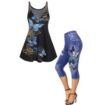 

Half Zipper O Ring Printed Tank Top And 3D Butterflies Print Skinny Capri Jeggings Set, Multicolor