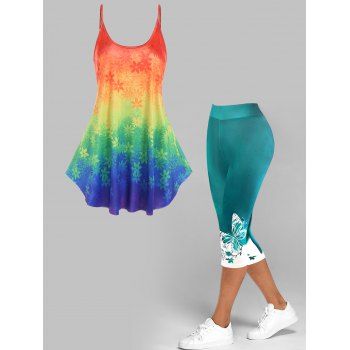 

Ombre Leaf Print Tank Top And Colorblock Butterfly Floral Print Capri Leggings Casual Outfit, Multicolor