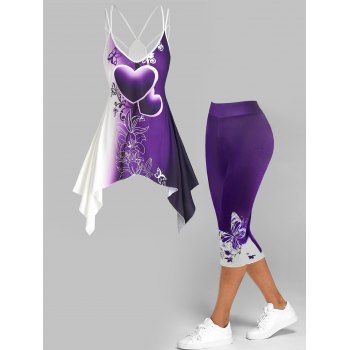 

Colorblock Ombre Heart Floral Print Asymmetric Mini Dress And Butterfly Print Cropped Leggings Outfit, Purple