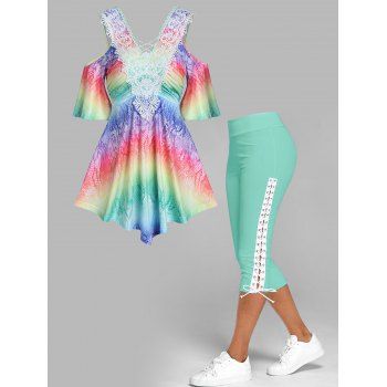 Rainbow Print Cold Shoulder Flower Crochet Lace T Shirt And Lace Up Crop Leggings Casual Outfit