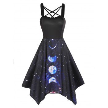 

Asymmetric Dress Printed A Line Dress Crisscross Backless A Line Dress, Deep blue