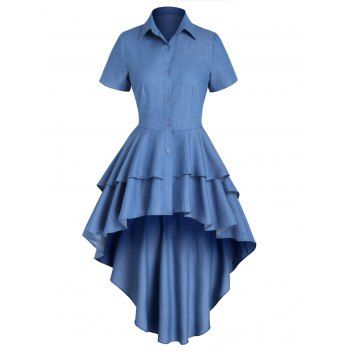 

Chambray Shirt Solid Color Shirt Layered Asymmetrical Hem Turn Down Collar Button-up Shirt, Light blue