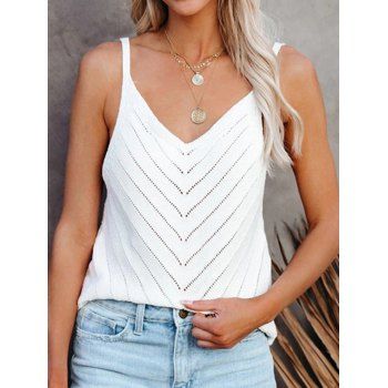Casual Tank Top Solid Color Knit Tank Top Hollow Out V Neck Summer Top