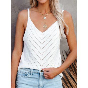 

Casual Tank Top Solid Color Knit Tank Top Hollow Out V Neck Summer Top, White