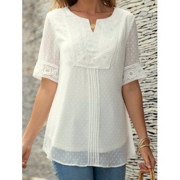 

Ethnic Blouse Swiss Dots Stripe Sheer Sleeve Blouse Hollow Out Crochet Lace Notched Top, White