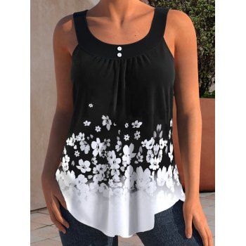 

Casual Tank Top Colorblock Tank Top Flower Print Mock Button Summer Top, Black
