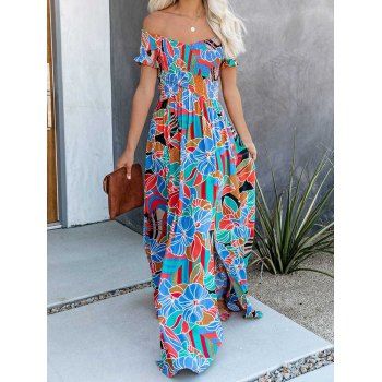 

Vacation Beach Dress Shirred Dress Floral Colorful Print Crossover Off the Shoulder Slit High Waisted A Line Maxi Dress, Multicolor