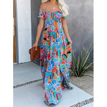 

Vacation Dress Shirred Dress Floral Colorful Print Crossover Off the Shoulder Slit High Waisted A Line Maxi Dress, Multicolor