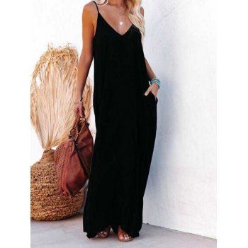 

Pure Color Maxi Dress V Neck Spaghetti Strap Long Tank Dress Side Pockets Casual Dress, Black