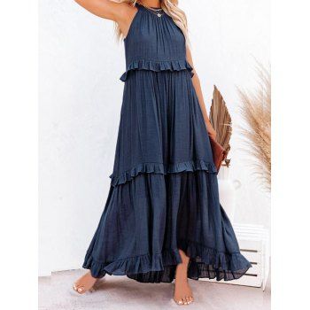 

Casual Dress Solid Color Dress Shirred Ruffle High Waisted Tiered Trapeze Maxi Halter Dress, Deep blue