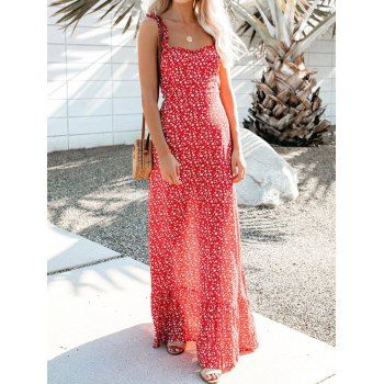 

Casual Sundress Ditsy Floral Sundress Ruffle High Waisted A Line Maxi Vacation Dress, Red