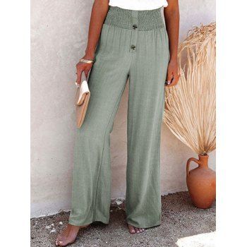 

Wide Leg Pants Solid Color Pants Shirred Elastic High Waisted Mock Button Long Casual Pants, Light green