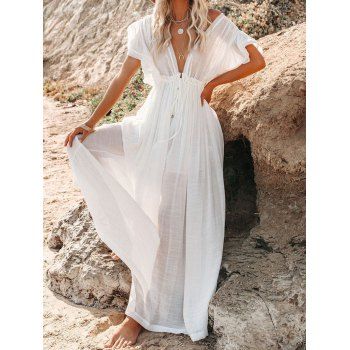

Bohemian See Thru Maxi Dress Low Cut Drawstring Waist Button Down Long Dress, White