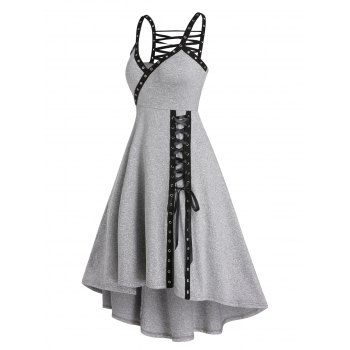 

Eyelet Lace Up Gothic Dress Surplice Plunging Neckline High Low Dress Punk Sleeveless Midi A Line Dress, Light gray