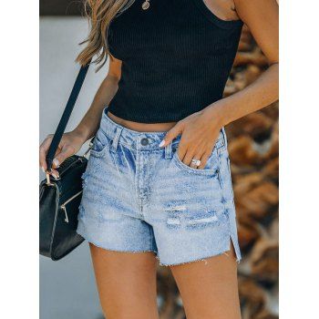 

Light Wash Denim Shorts Ripped Shorts Pockets Slit Zipper Fly Casual Denim Shorts, Blue