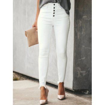 

Solid Color Pants Button Fly Pants Pockets Raw Hem Skinny Casual Long Pants, White