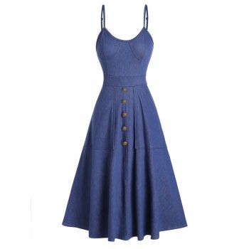

Casual Sundress Solid Color Mock Button Pockets High Waisted A Line Midi Knitted Denim Dress, Blue