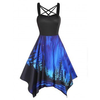 

Asymmetric Dress Printed A Line Dress Crisscross Backless A Line Dress, Blue
