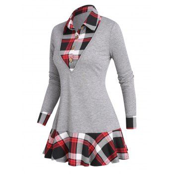 

Casual Faux Twinset T Shirt Plaid Print Button Skirted Turn Down Collar Long Sleeve Tee, Gray