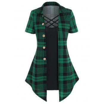 

Casual Faux Twinset T Shirt Crisscross Plaid Print Mock Button Turn Down Collar Summer Tee, Deep green