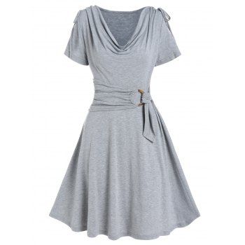 

Draped Cowl Front Mini Dress Ruched O Ring Knotted Short Sleeve A Line Dress Cinched Shoulder Grecian Style Vintage Dress, Light gray