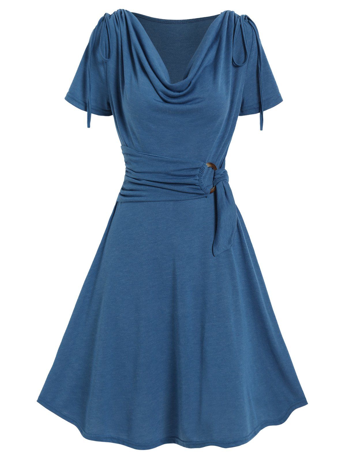 Mini Robe Vintage Plissée Nouée en Avant à Epaule Dénudée Manches Longues - Bleu profond M