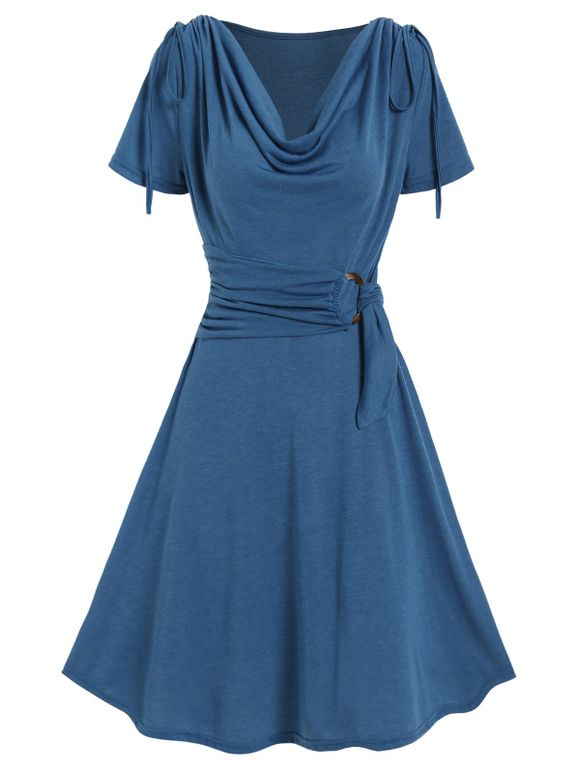 Mini Robe Vintage Plissée Nouée en Avant à Epaule Dénudée Manches Longues - Bleu profond XXXL