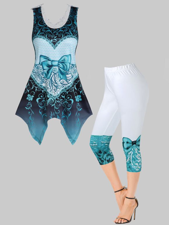 Legging Corsaire Décontracté et Débardeur en Dentelle Insérée en Blocs de Couleurs avec Nœud Papillon - multicolor S