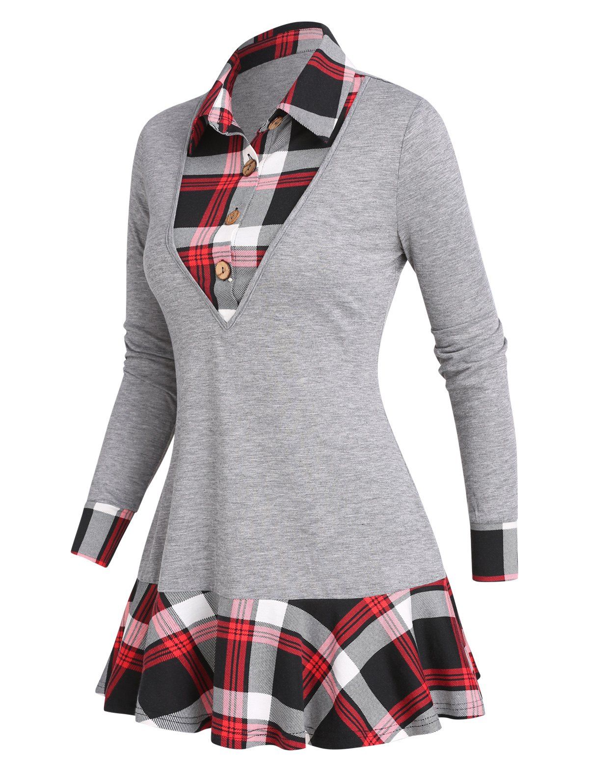 Casual Faux Twinset T Shirt Plaid Print Button Skirted Turn Down Collar Long Sleeve Tee - GRAY L