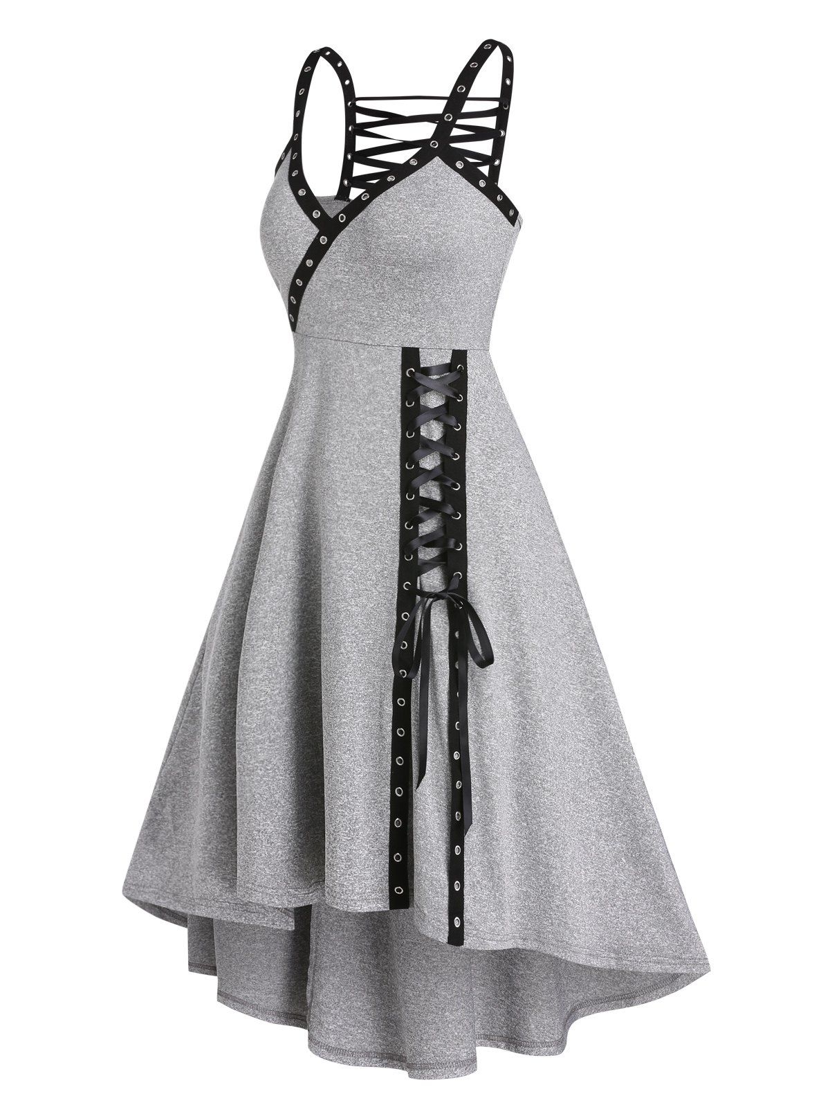 Robe Mi-Longue Gothique Haute Basse Superposée Œillet sans Manches à Lacets en Ligne A - Gris Clair XXXL