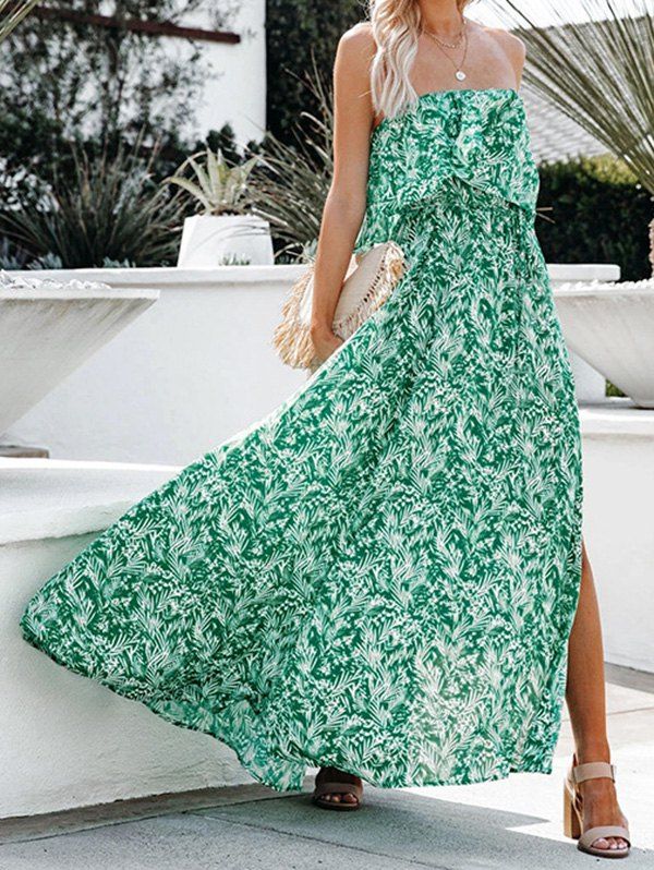 Tropical Dress Vacation Dress Off the Shoulder Allover Leaf Print Flounce Slit A Line Maxi Dress - GREEN XL