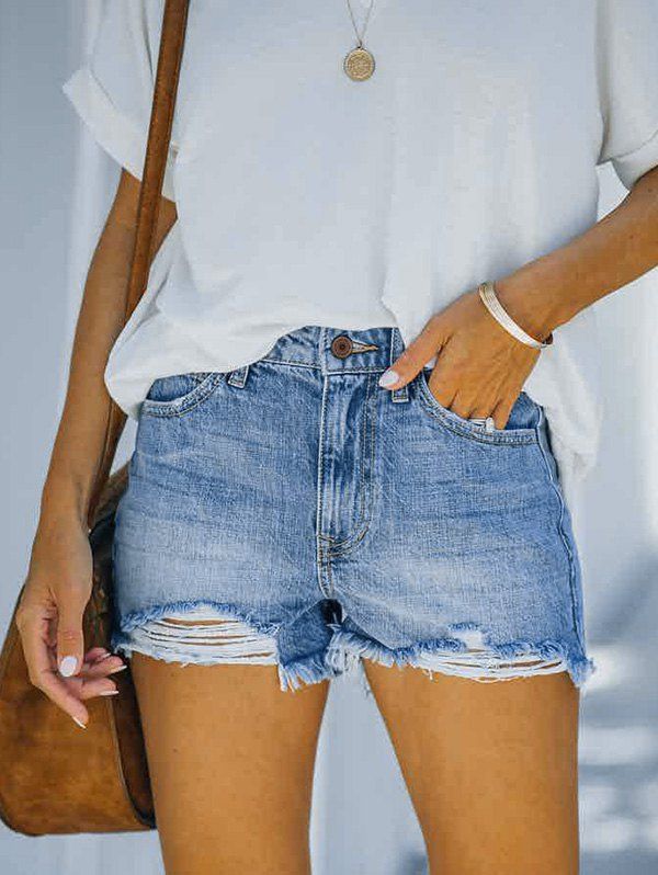 Casual Denim Shorts Ripped Denim Shorts Light Wash Frayed Hem Pockets Summer Shorts - BLUE M