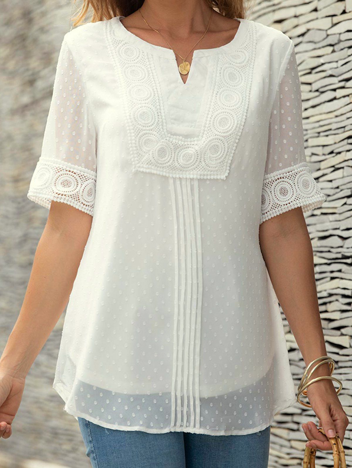 Ethnic Blouse Swiss Dots Stripe Sheer Sleeve Blouse Hollow Out Crochet Lace Notched Top - WHITE L