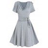 Draped Cowl Front Mini Dress Ruched O Ring Knotted Short Sleeve A Line Dress Cinched Shoulder Grecian Style Vintage Dress