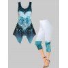 Heart Bowknot Leaf Allover Print Lace Insert Tank Top And Colorblock Capri Leggings Casual Outfit - multicolor S