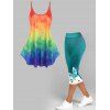 Ombre Leaf Print Tank Top And Colorblock Butterfly Floral Print Capri Leggings Casual Outfit - multicolor S