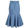 Plus Size Skirt Chambray Skirt Mock Button Solid Color Belted Flounce A Line Midi Skirt - BLUE 5X