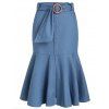 Plus Size Skirt Chambray Skirt Mock Button Solid Color Belted Flounce A Line Midi Skirt - BLUE 5X