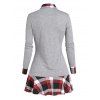 Casual Faux Twinset T Shirt Plaid Print Button Skirted Turn Down Collar Long Sleeve Tee - GRAY L