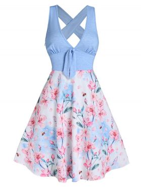 Flower Bee Print Mini Dress Plunging Neck Bowknot Summer Dress Crossover Cut Out A Line Dress