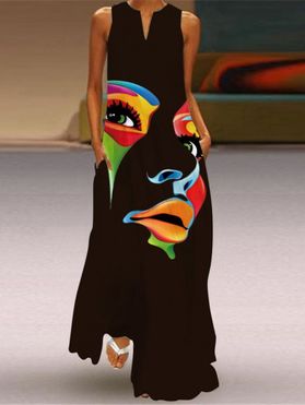 Colorful Figure Face Pop Art Print Maxi Dress Notched Neck Sleeveless Long Shift Dress