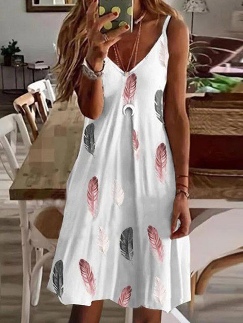 Feather Print Mini Dress V Neck Spaghetti Strap Dress Sleeveless Casual Cami Dress